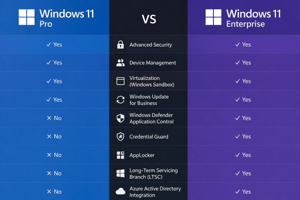 Windows 11 Pro vs Windows 11 Enterprise features comparison table